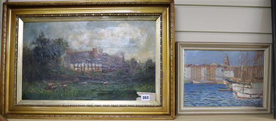 M. la B* (19/20C Continental), oil on board, boats in a harbour and an oil on canvas, 22 x 31cm and 30 x 50cm